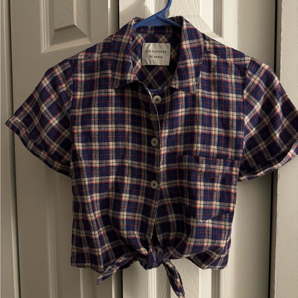 Les Coyotes Des Paris Plaid Linen Cropped Tie Front Shirt - Blue and Red, Small - Picture 3 of 7